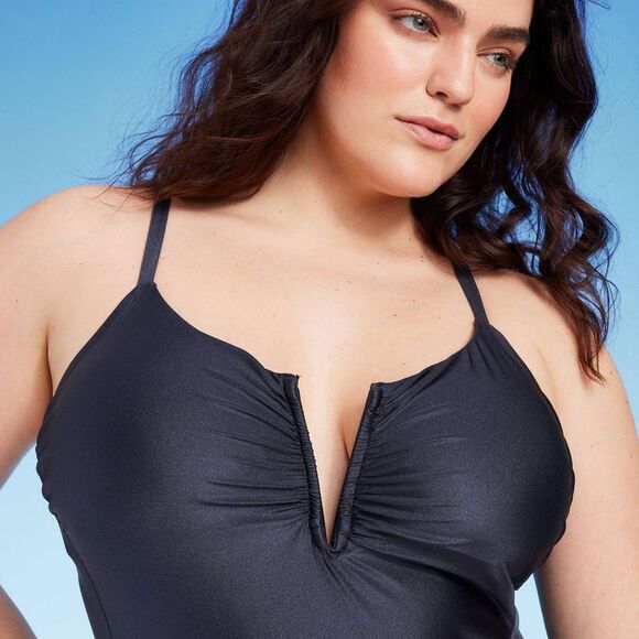 Shade & Shore -  Women's V-Wire Plunge One Piece Swim Gray - Picture 3 of 3